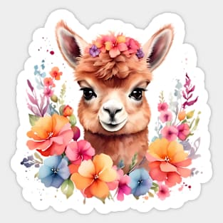 An alpaca decorated with beautiful watercolor flowers Sticker